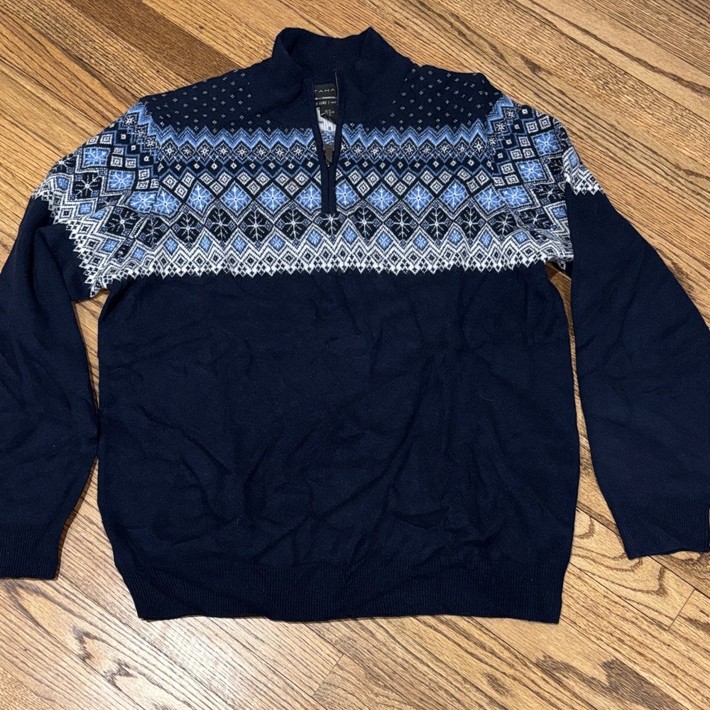 Tahari Men's Navy Blue Patterned Cashmere Sweater